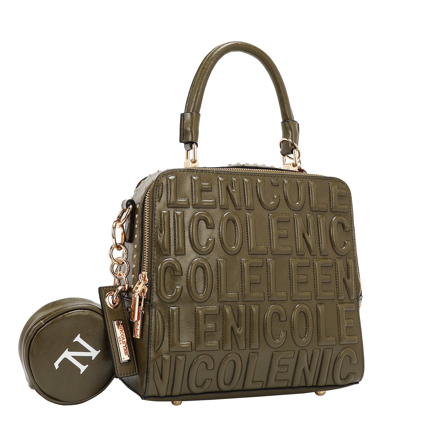 BOLSO DE MANO CUADRADO CON LOGOTIPO EN RELIEVE (OLIVA)